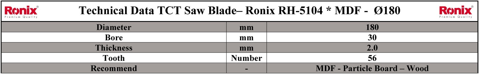 Ronix RH-5104 مشخصات فنی تیغ اره دیسکی الماسه ام دی اف بر
