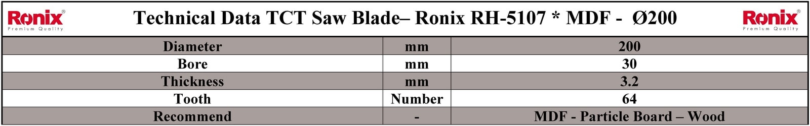 Ronix RH-5107 مشخصات فنی تیغ اره دیسکی الماسه ام دی اف بر