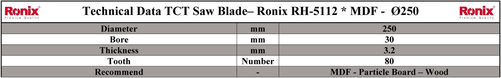 Ronix RH-5112 مشخصات فنی تیغ اره دیسکی الماسه ام دی اف بر
