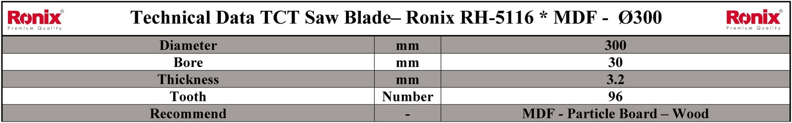 Ronix RH-5116 مشخصات فنی تیغ اره دیسکی الماسه ام دی اف بر