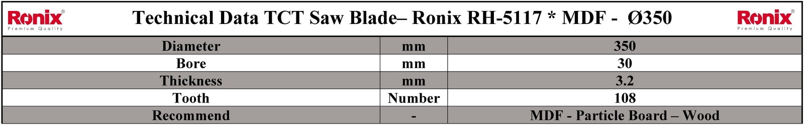 Ronix RH-5117 مشخصات فنی تیغ اره دیسکی الماسه ام دی اف بر