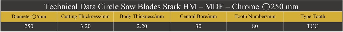مشخصات فنی تیغ اره دیسکی الماسه کروم ام دی اف بر استارک STARK قطر 250 دندانه 80