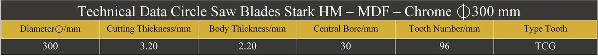 مشخصات فنی تیغ اره دیسکی الماسه کروم ام دی اف بر استارک STARK قطر 300 دندانه 96