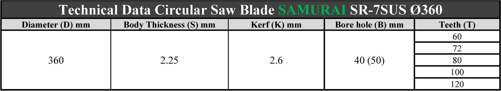 جدول مشخصات فنی تیغ اره دیسکی الماسه برش استیل سامورایی - Samurai SR-7SUS 360*2.6